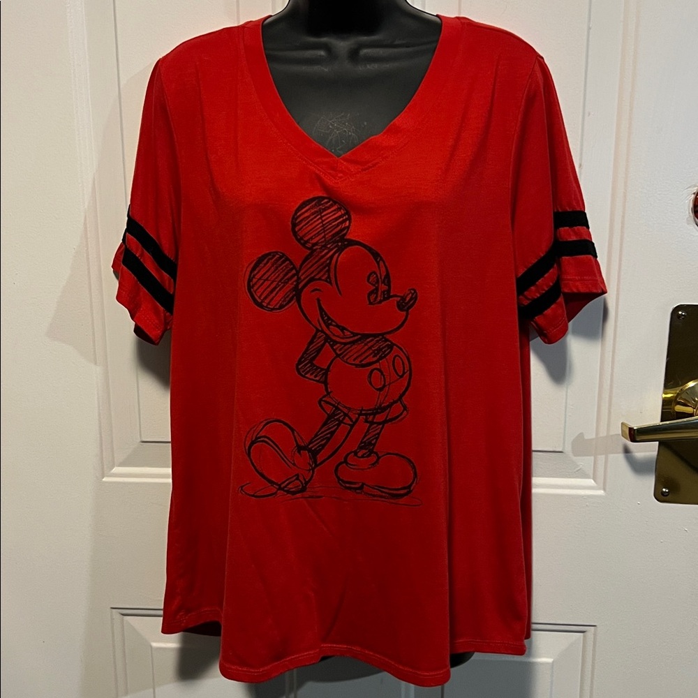 🔴CLEARANCE DISNEY RED COTTON V-NECK SHORT SLEEVE MICKEY MOUSE TSHIRT Women 2X